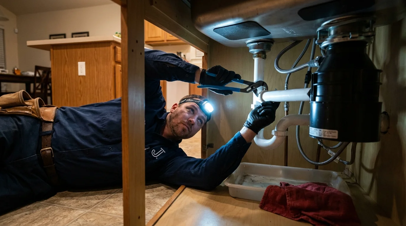 P-trap and supply line connections under a kitchen sink showing a common leak point in Gloucester, MA